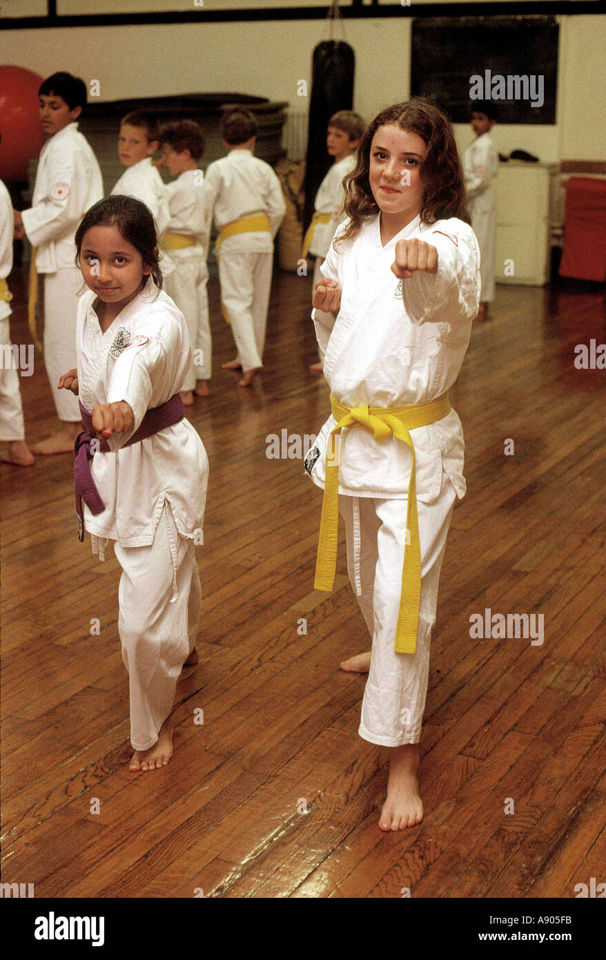 Due ragazze nel karate pongono Foto Stock