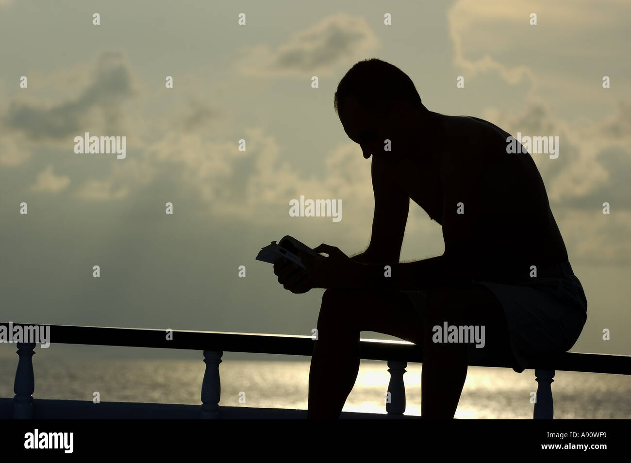 Silhouette di un uomo in vacanza la lettura di un libro che si affacciano sull'oceano Foto Stock