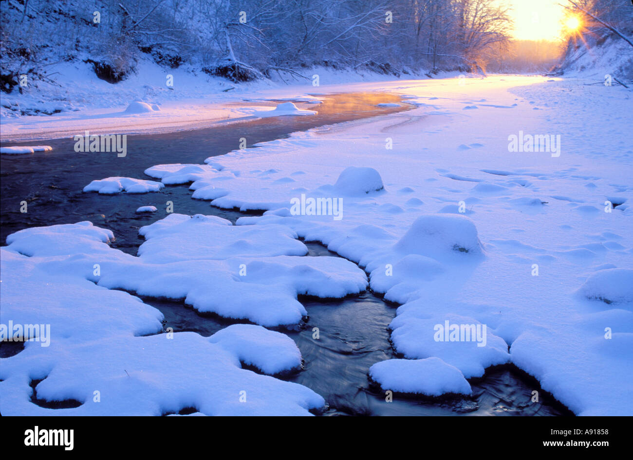 Inverno alba sopra la coperta di neve medio Forcella del Fiume Vermiglio un National Scenic River Kickapoo membro Park Illinois Foto Stock
