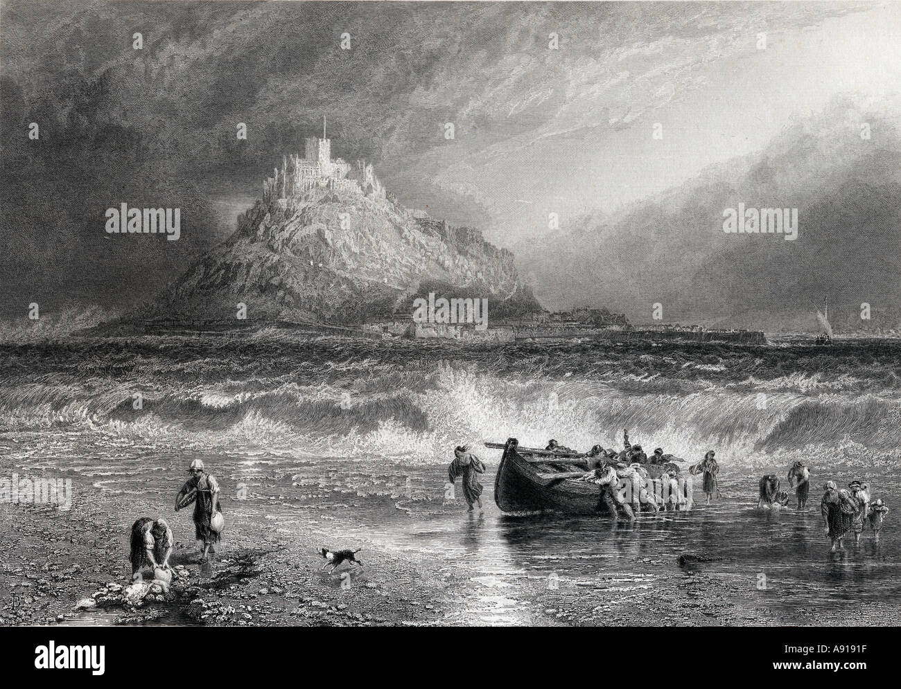St Michael s montare la Cornovaglia. Stampare disegnato da Birket Foster, incisi da J Saddler da pittoresche Europa cira 1876. Foto Stock