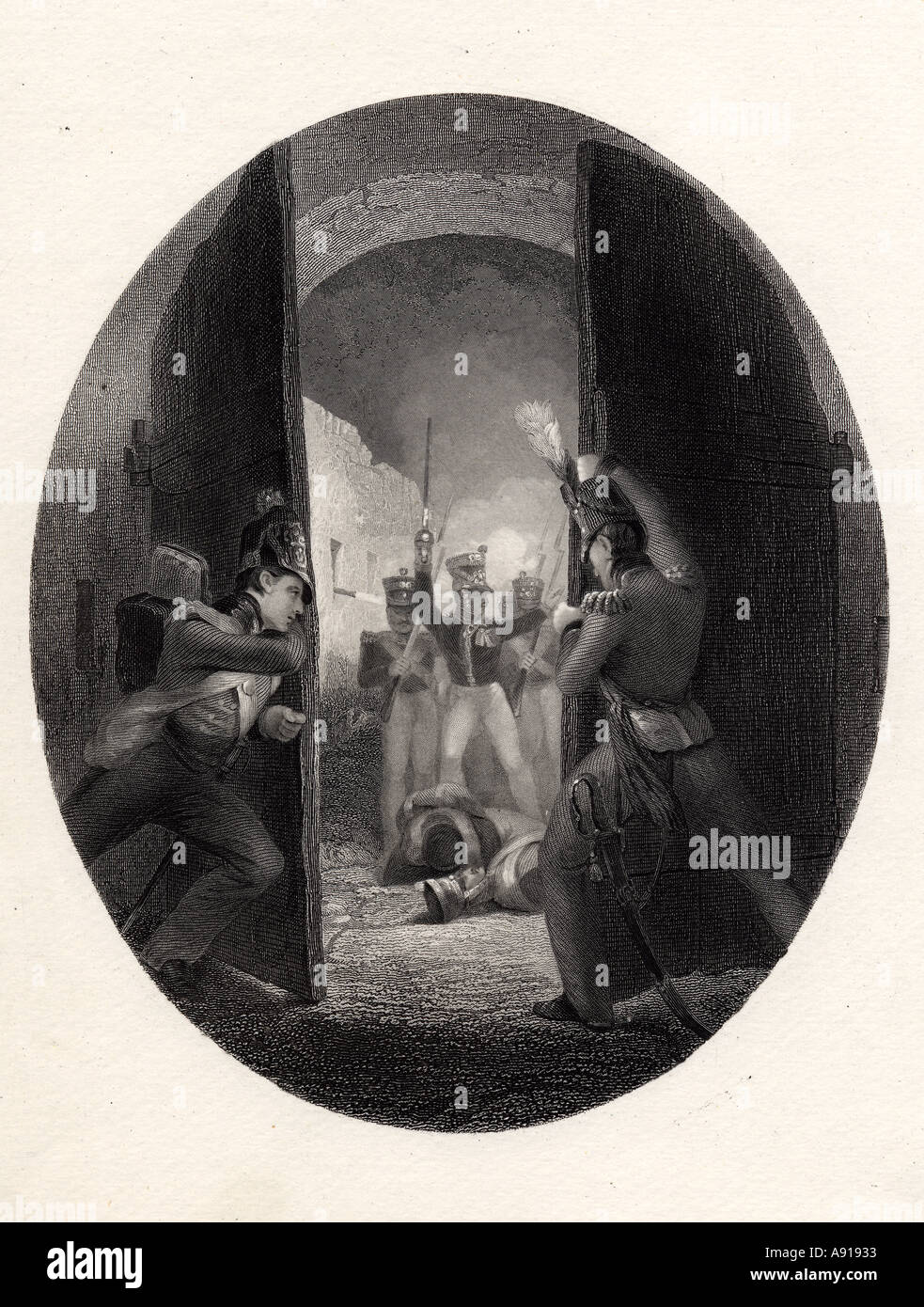 Un incidente durante la Battaglia di Waterloo, Bruxelles, Belgio. Xix secolo la stampa Foto Stock