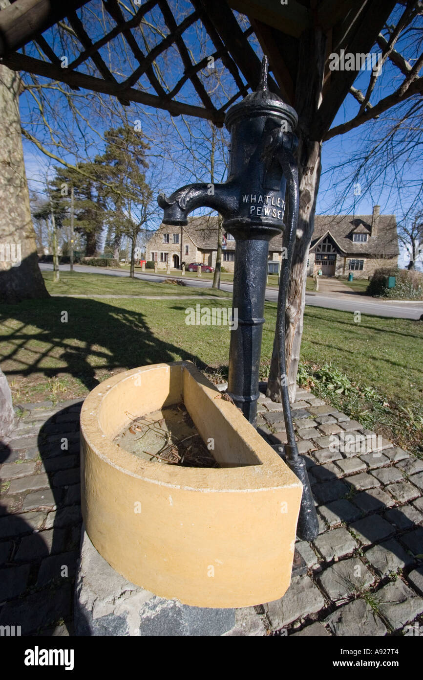 Ghisa villaggio decorativo pompa acqua con il canale di pietra e il coperchio Foto Stock