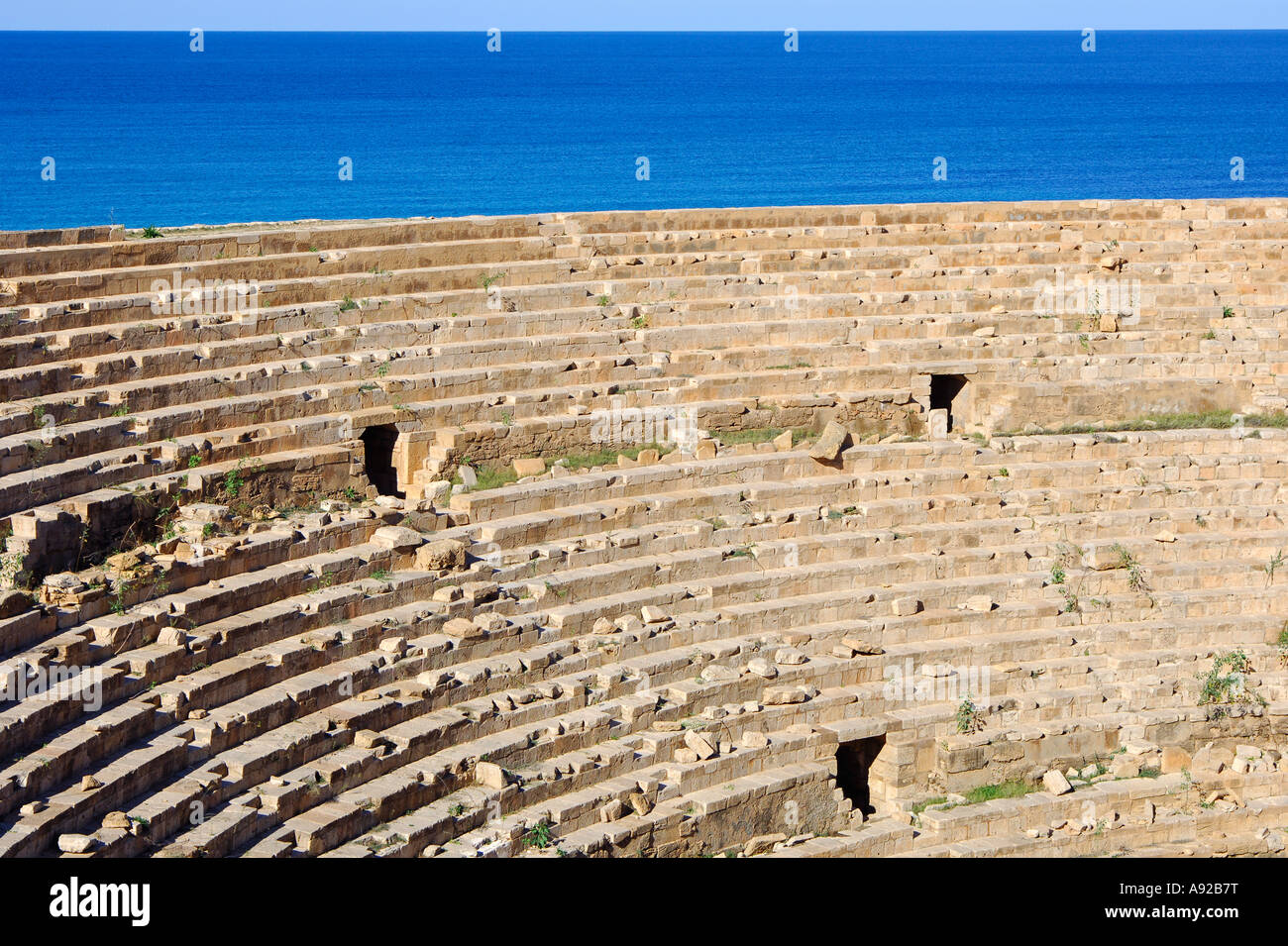 Anfiteatro, rovine romane, Leptis Magna, Libia Foto Stock