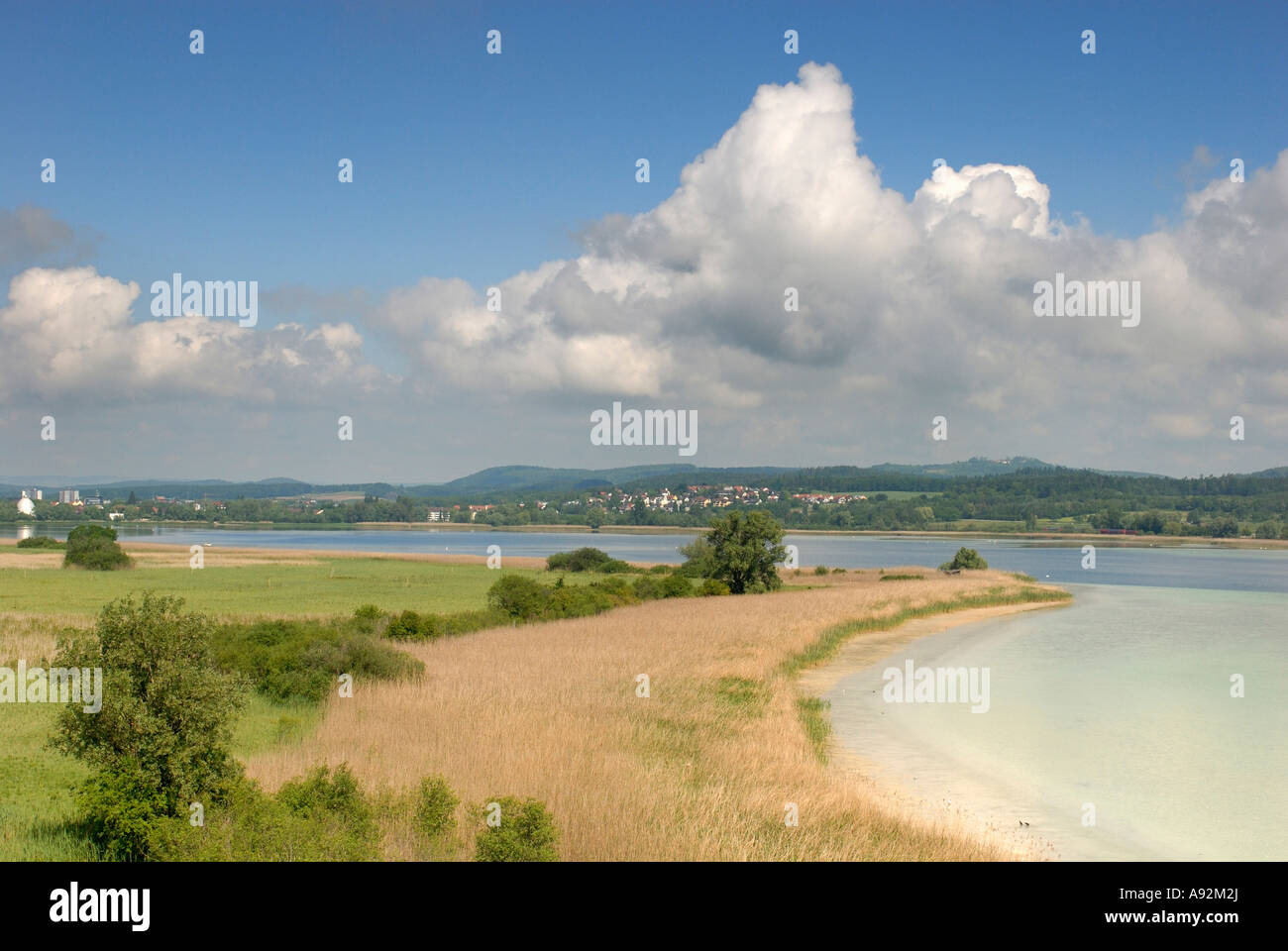 Una vista sulla penisola di Mettnau - Lago di Costanza, Baden-Wuerttemberg, Germania, Europa. Foto Stock