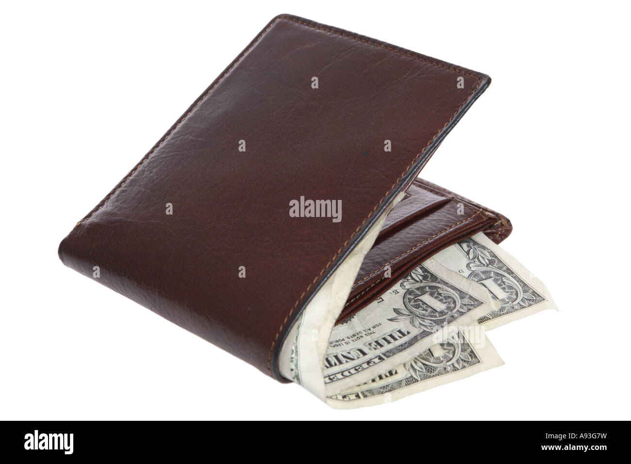 Pelle marrone portafoglio con denaro ritagliata su sfondo bianco Foto Stock