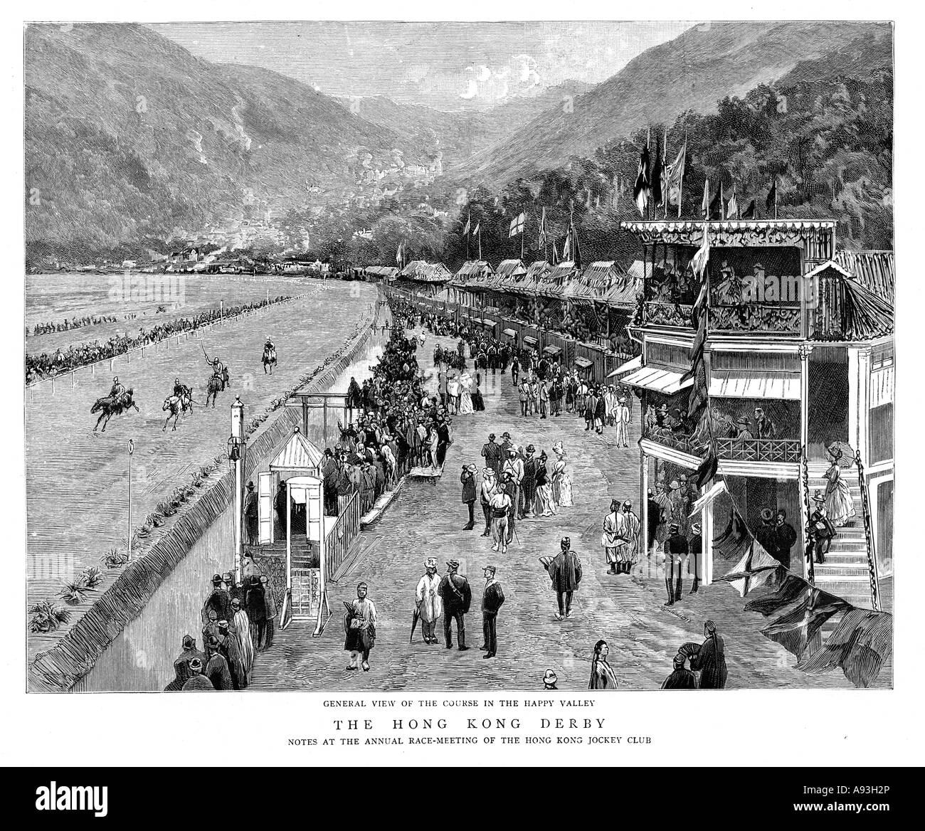 Hong Kong Racecourse 1888 incisione coursein Happy Valley e la riunione annuale del Jockey Club Foto Stock