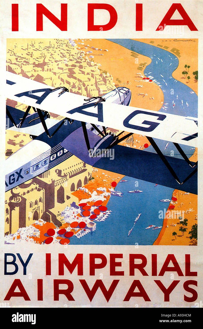 Imperial Airways India 1935 poster con un Handley Page 42 l'Annibale fliying sopra una città indiana e il fiume Foto Stock