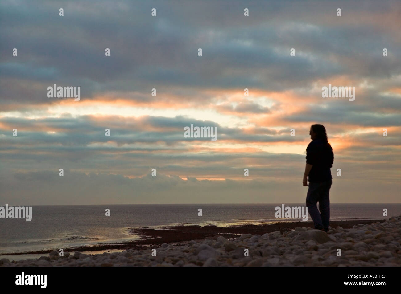 Donna in piedi sulla skyline sulla spiaggia guardando il tramonto Limpert Bay Aberthaw Wales UK Foto Stock