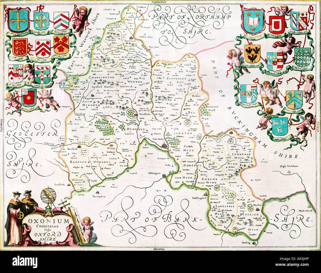 Oxfordshire Jansson s Atlas 1658 la mappa della contea da Novus Atlas con i bracci dei collegi universitari Foto Stock