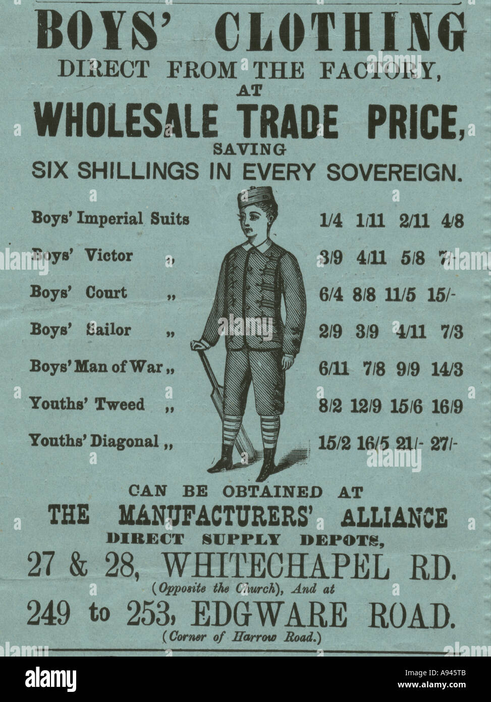 Boys' abbigliamento depliant pubblicitario circa 1890 Foto Stock