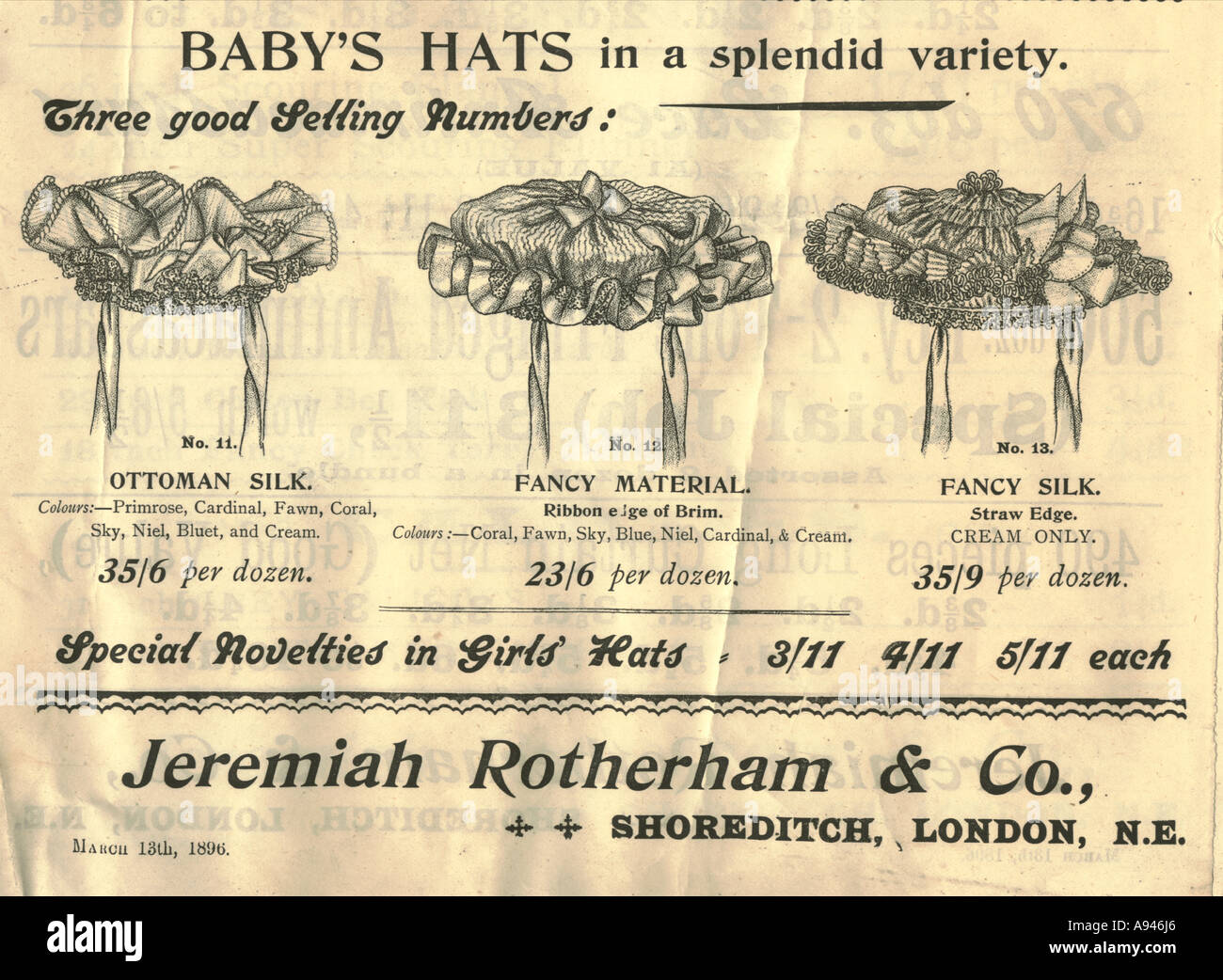 Baby's cappelli annuncio 1896 Foto Stock