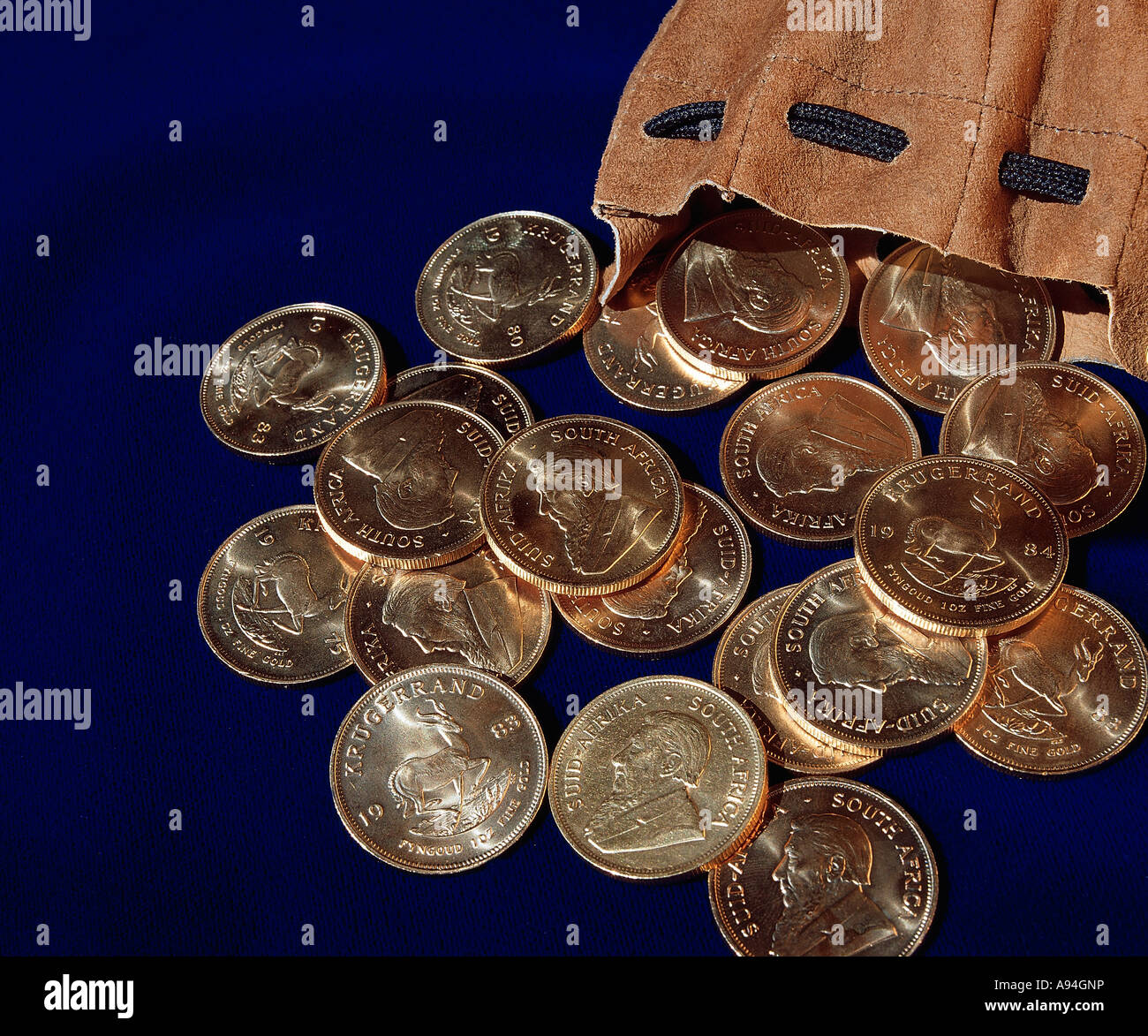 Kruger Rand monete d oro giacciono versato da una custodia in pelle di Gauteng Johannesburg Sudafrica Foto Stock