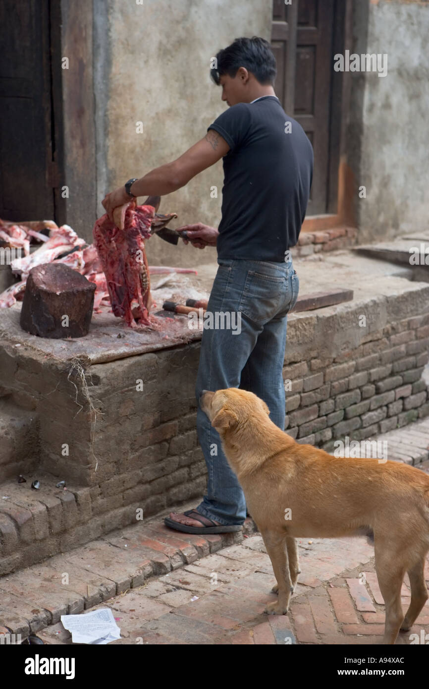 Butcher lavora sulla strada guardato da un cane Foto Stock