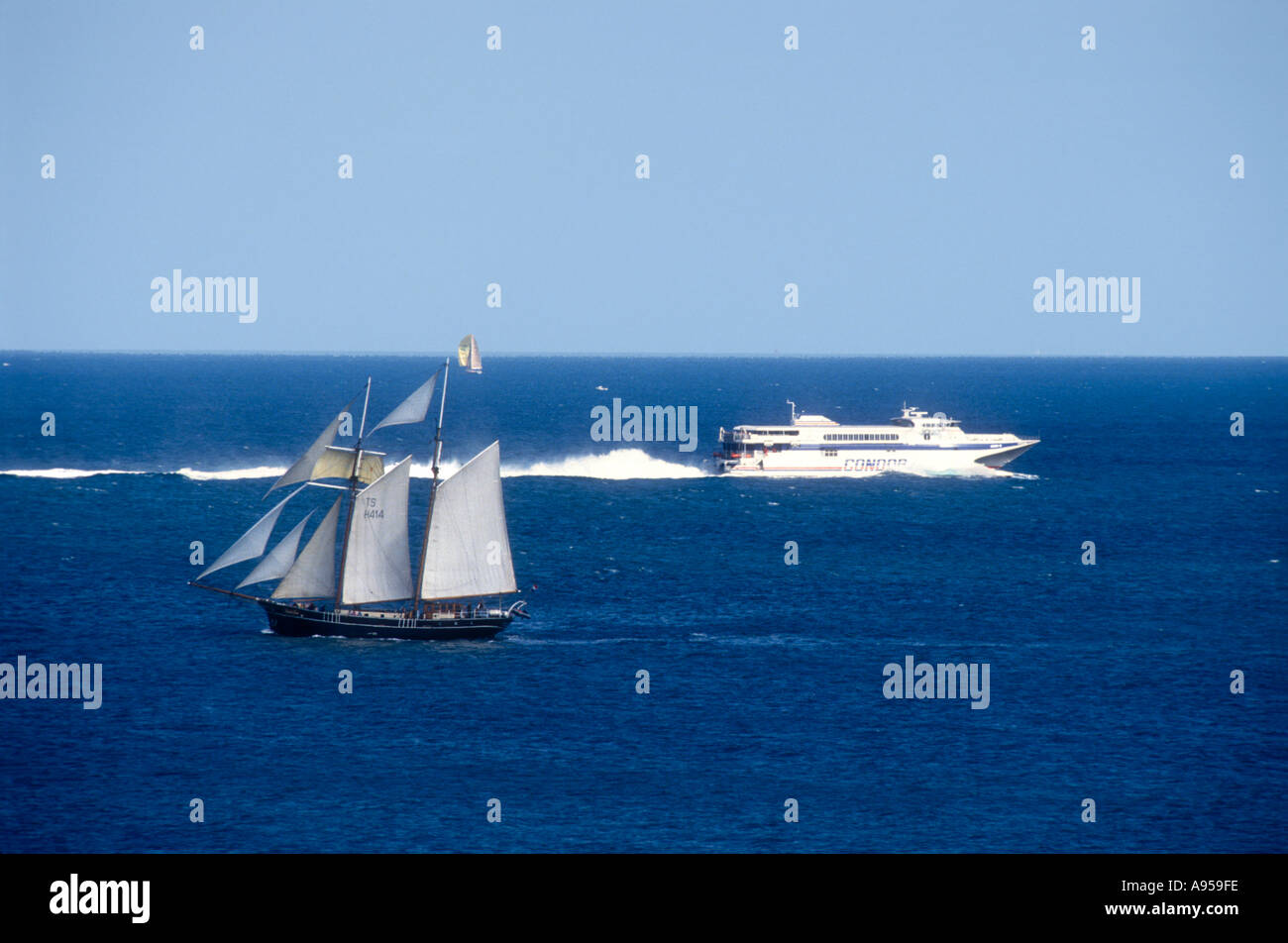 Una gaff truccate topsail schooner e un SeaCat wavepiercer catamarano in corso a velocità spento Portland Dorset England Regno Unito Foto Stock