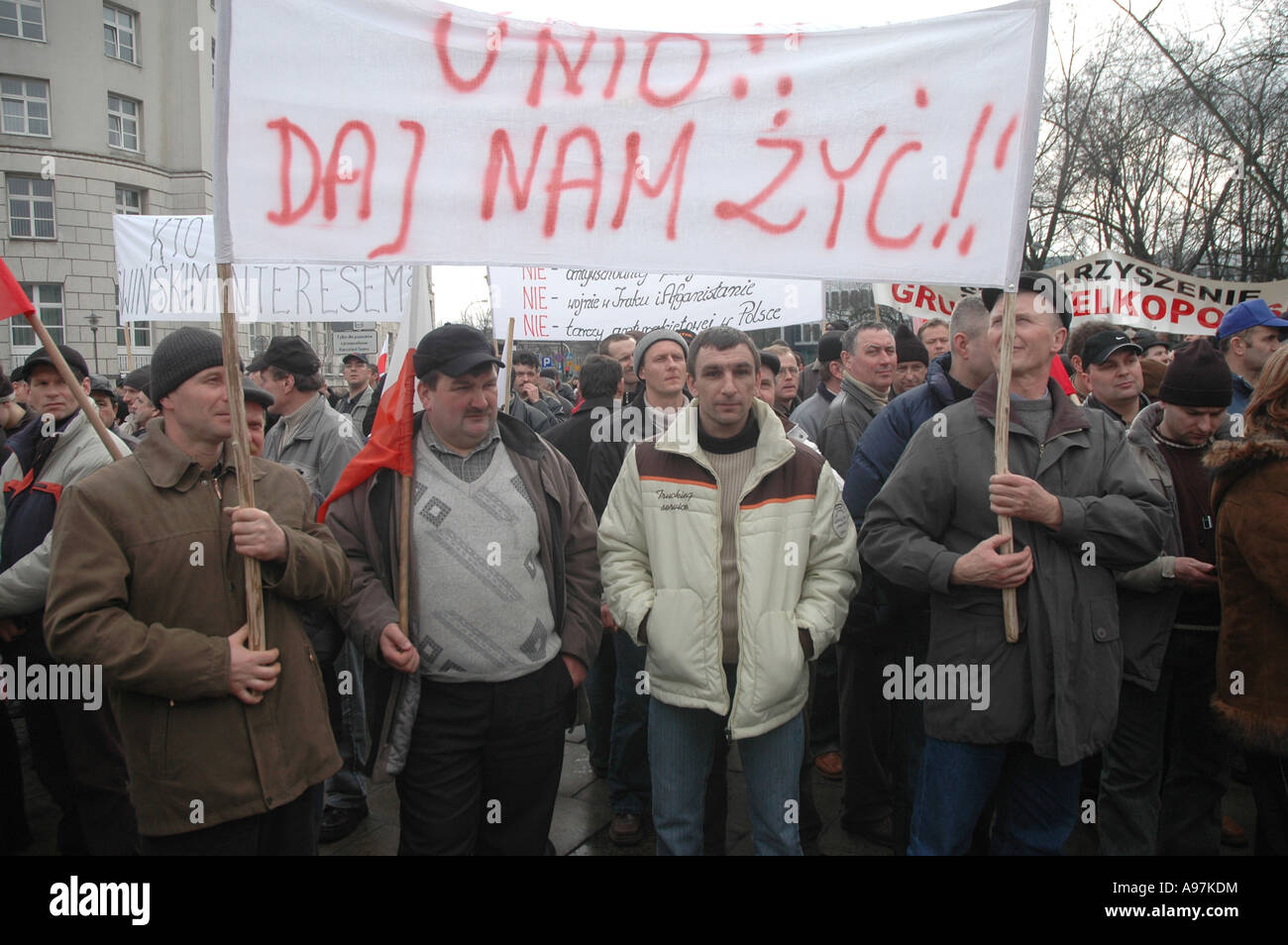 Gli agricoltori manifestazione contro la politica del governo polacco e il ministro dell'agricoltura Andrzej Lepper hanno. Varsavia, Polonia. Foto Stock