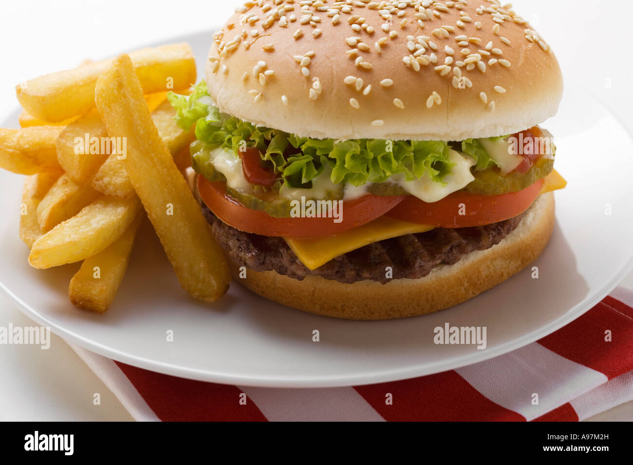 Cheeseburger e patatine fritte su una piastra FoodCollection Foto Stock