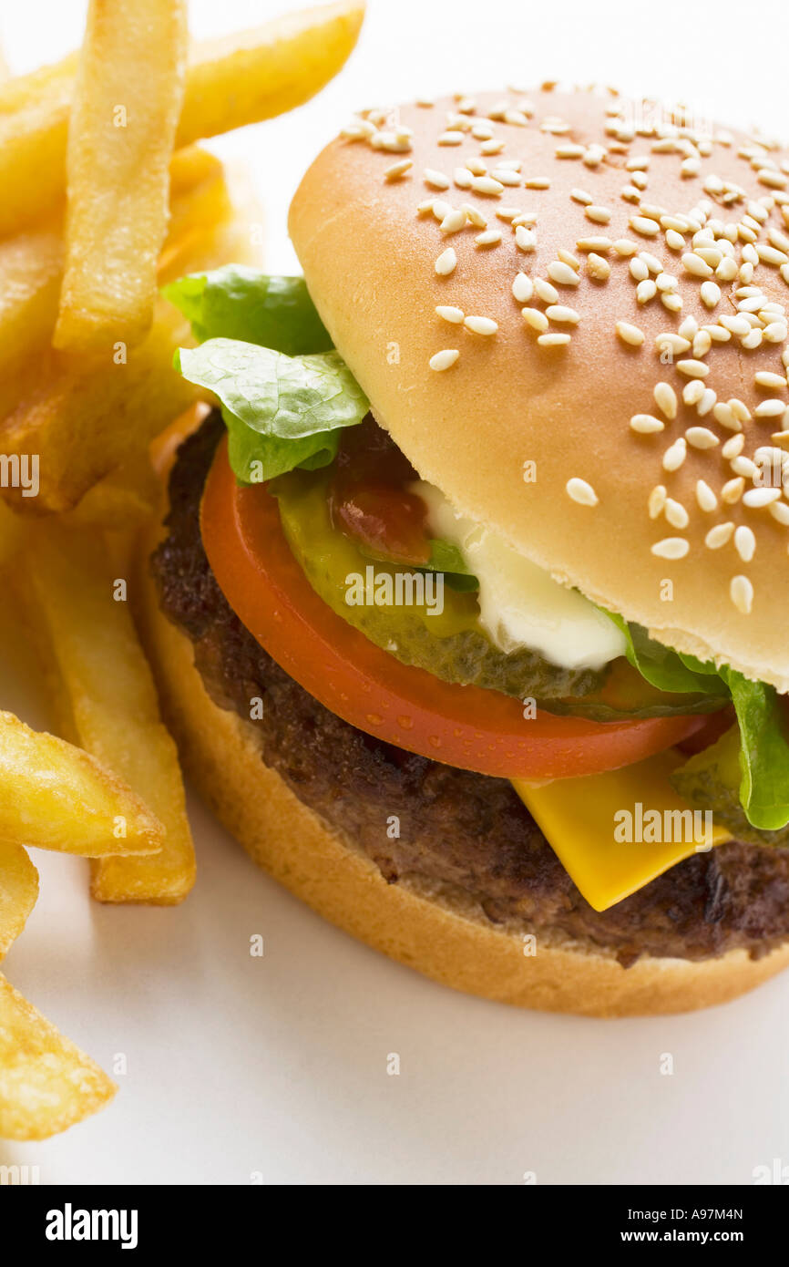 Cheeseburger e patatine fritte su una piastra FoodCollection Foto Stock