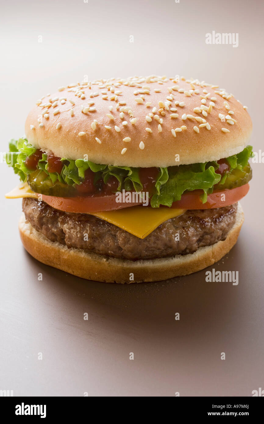 Cheeseburger con insalata di pomodoro e ketchup FoodCollection Foto Stock