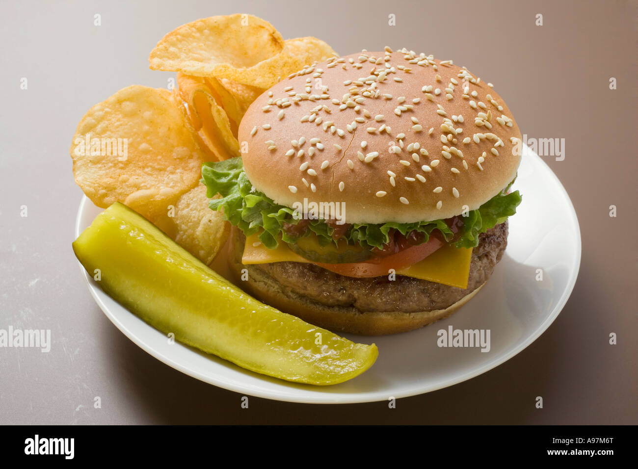 Cheeseburger con patatine e cetriolino FoodCollection Foto Stock