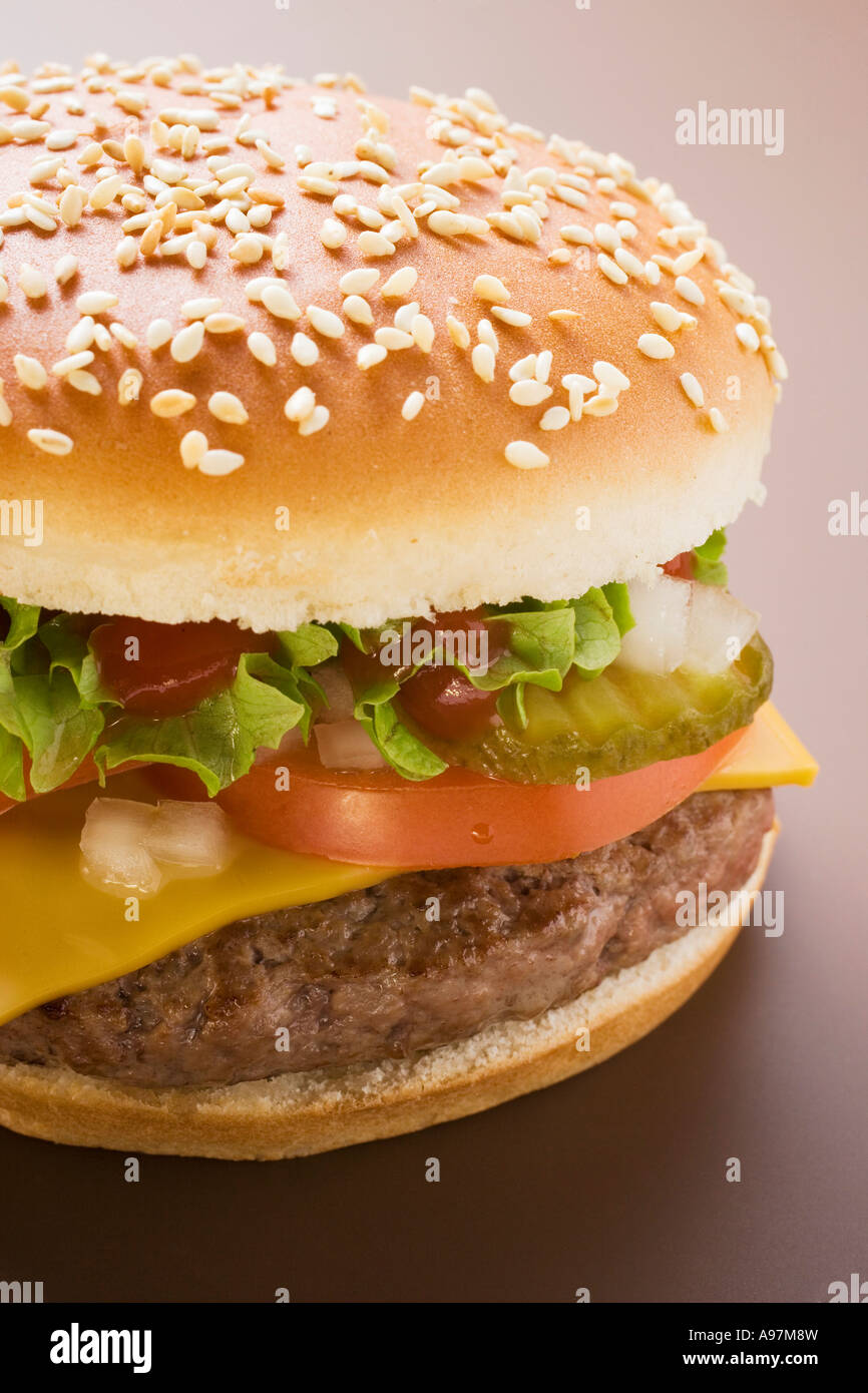 Cheeseburger con cetriolini Pomodori Cipolle ketchup FoodCollection Foto Stock
