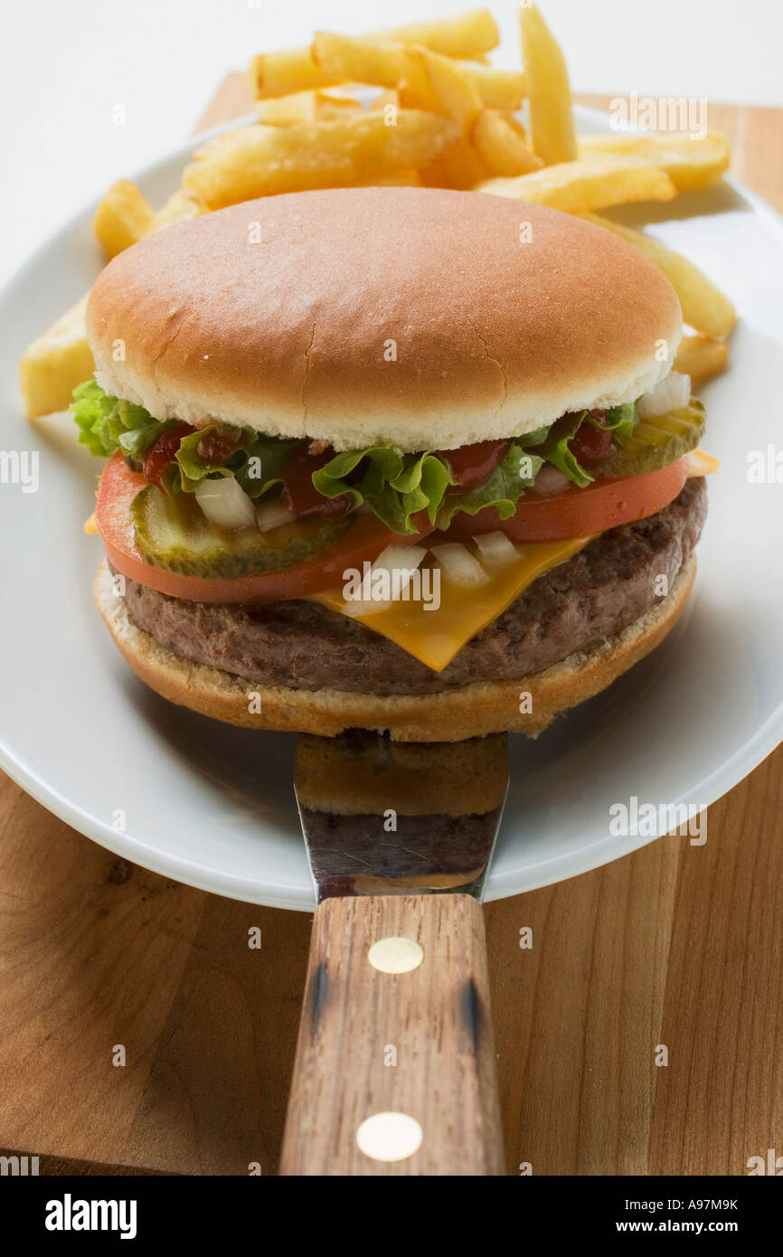 Cheeseburger con patatine sulla piastra FoodCollection Foto Stock