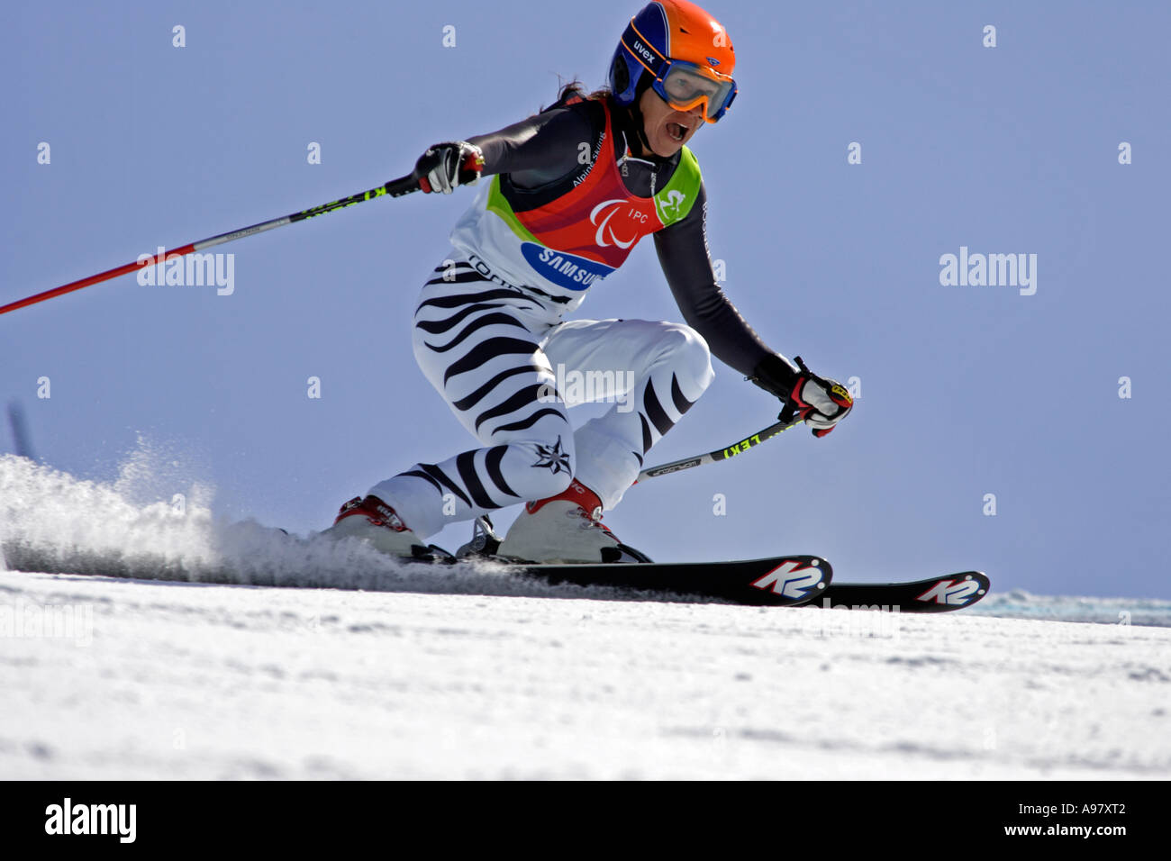 Reinhild Moeller LW4 della Germania per la sua seconda esecuzione di Womens Sci Alpino Slalom Gigante concorso permanente Foto Stock