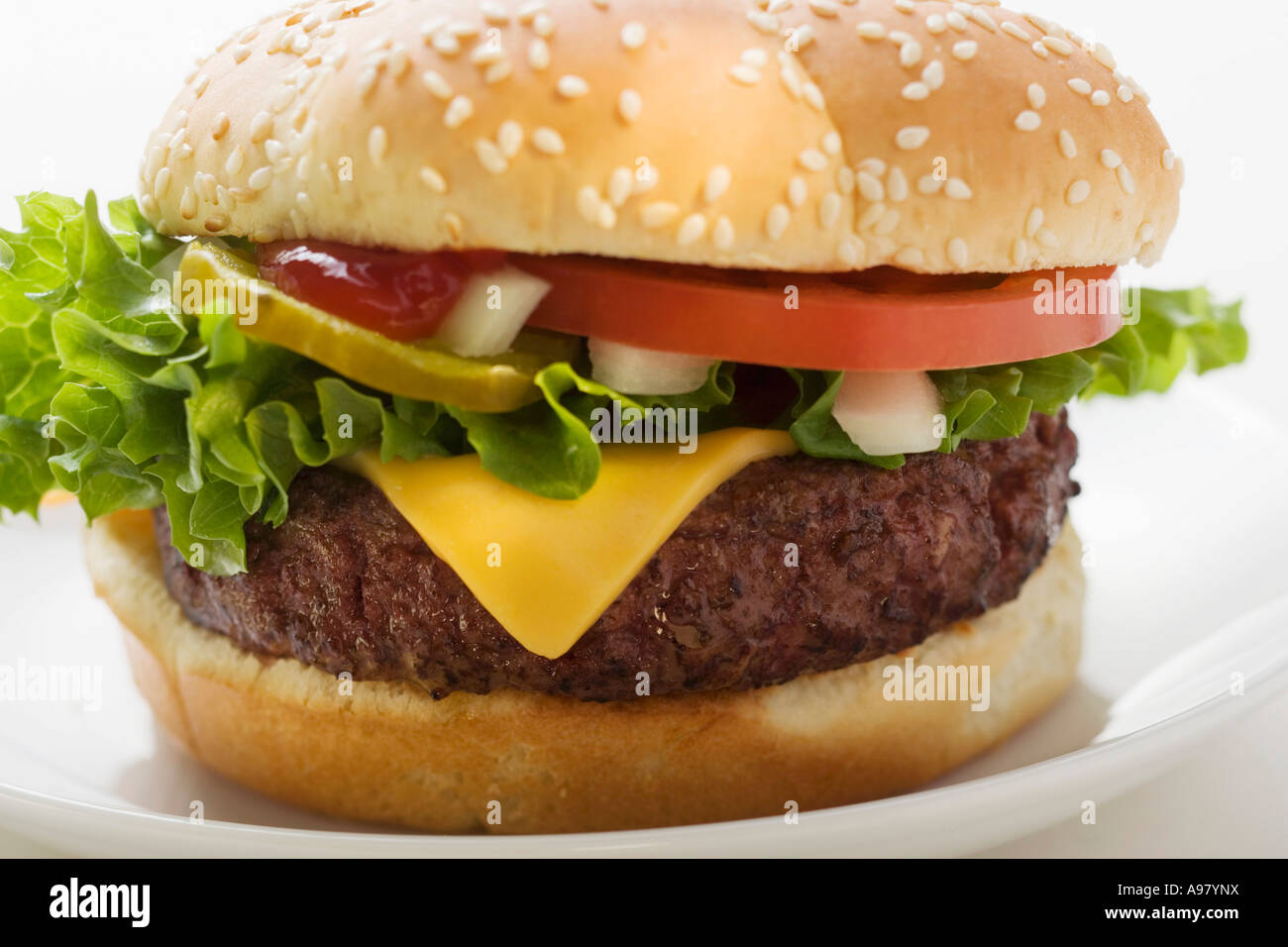 Cheeseburger con pomodori cipolle e cetriolino FoodCollection Foto Stock