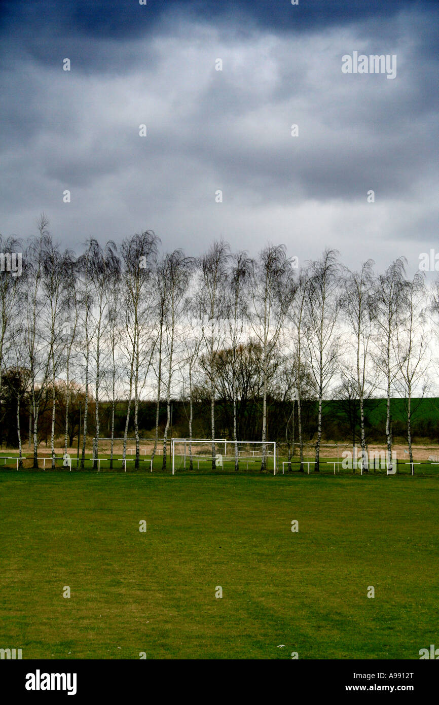 Un campo da calcio vuoto con un paliotto, circondato da alti alberi di betulla sotto un cielo coperto, creando un tranquillo paesaggio rurale. Foto Stock
