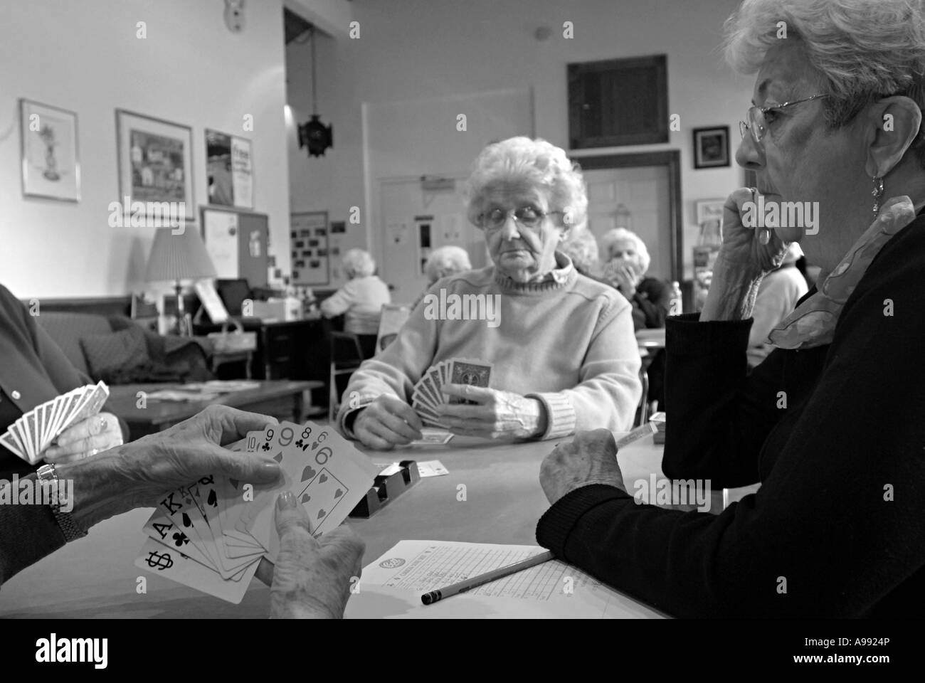 I cittadini anziani giocare a carte un senior centre di Madison Connecticut USA Foto Stock