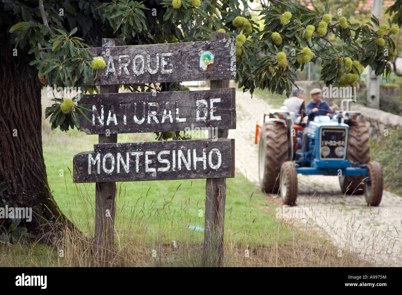 Vecchio cartello in legno per il parco nazionale di Parque Natural de Montesinho nel nord-est Tras os Montes regione del Portogallo Foto Stock