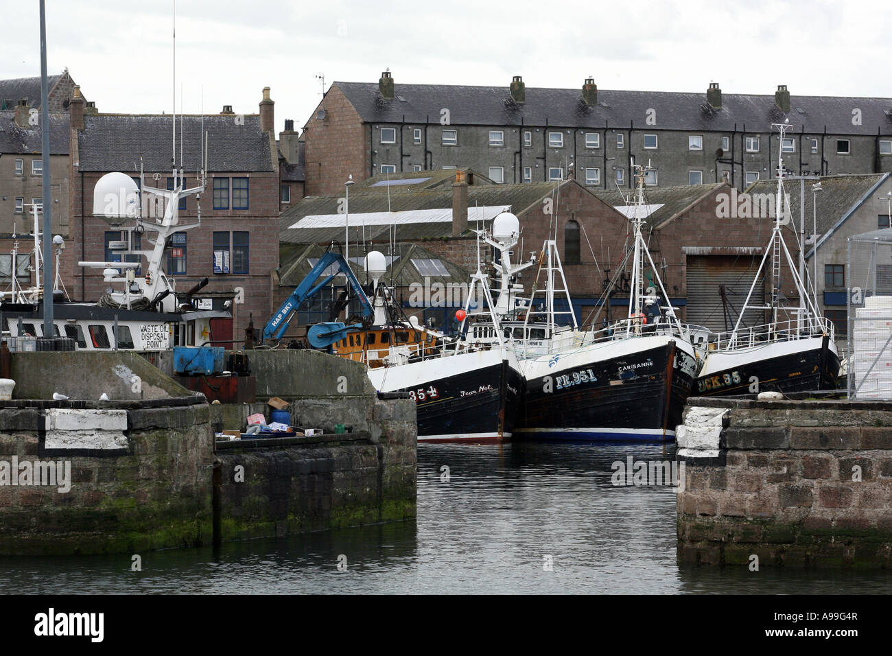 Pescherecci nel porto a Peterhead, Aberdeenshire, Scozia che è il Regno Unito leader di pesce bianco porta. Foto Stock