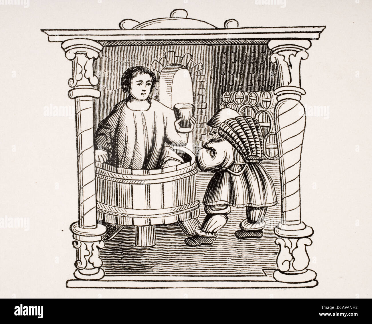 Piano di calpestio dell'uva. Xix secolo la riproduzione di una miniatura in un sedicesimo secolo libro di preghiera calendario. Foto Stock