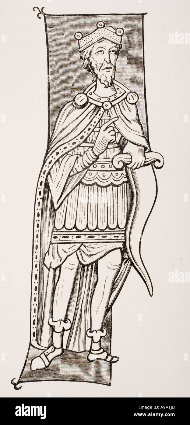 Capo Frankish o re armato con un scramasax, un tipo di singolo coltello tagliente. Da una miniatura del IX secolo Foto Stock