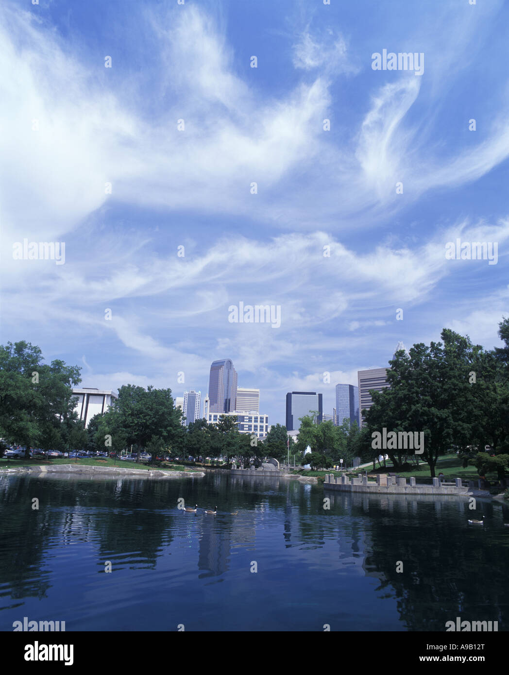SKYLINE del Centro presso il Marshall Parco Lago centro cittadino di Charlotte nella Carolina del nord Stati uniti d'America Foto Stock