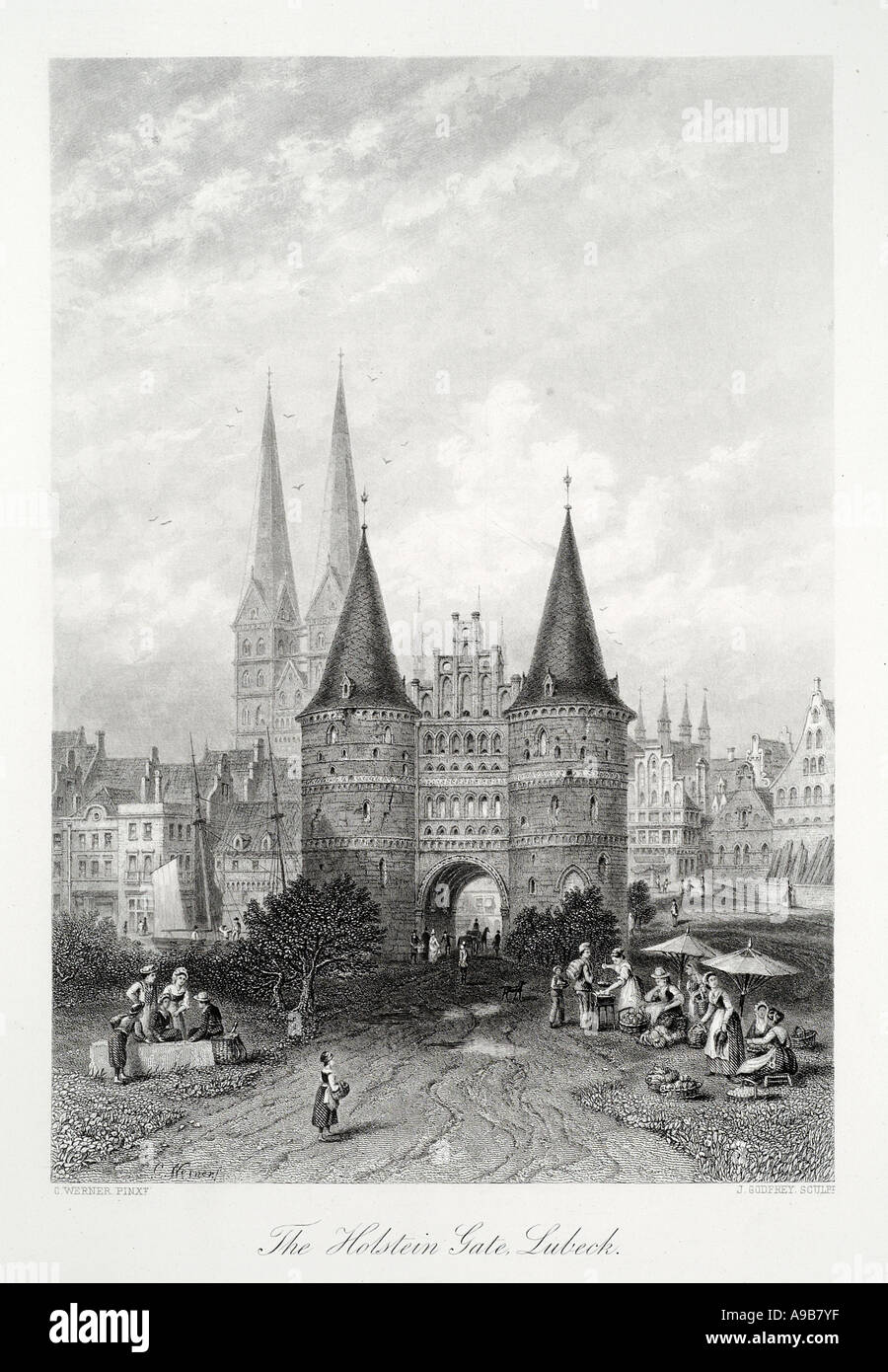 Città Holstentor gate Lubeck Schleswig Germania Deutschland landmark tower UNESCO mattone su strada commerciale del mercato Foto Stock
