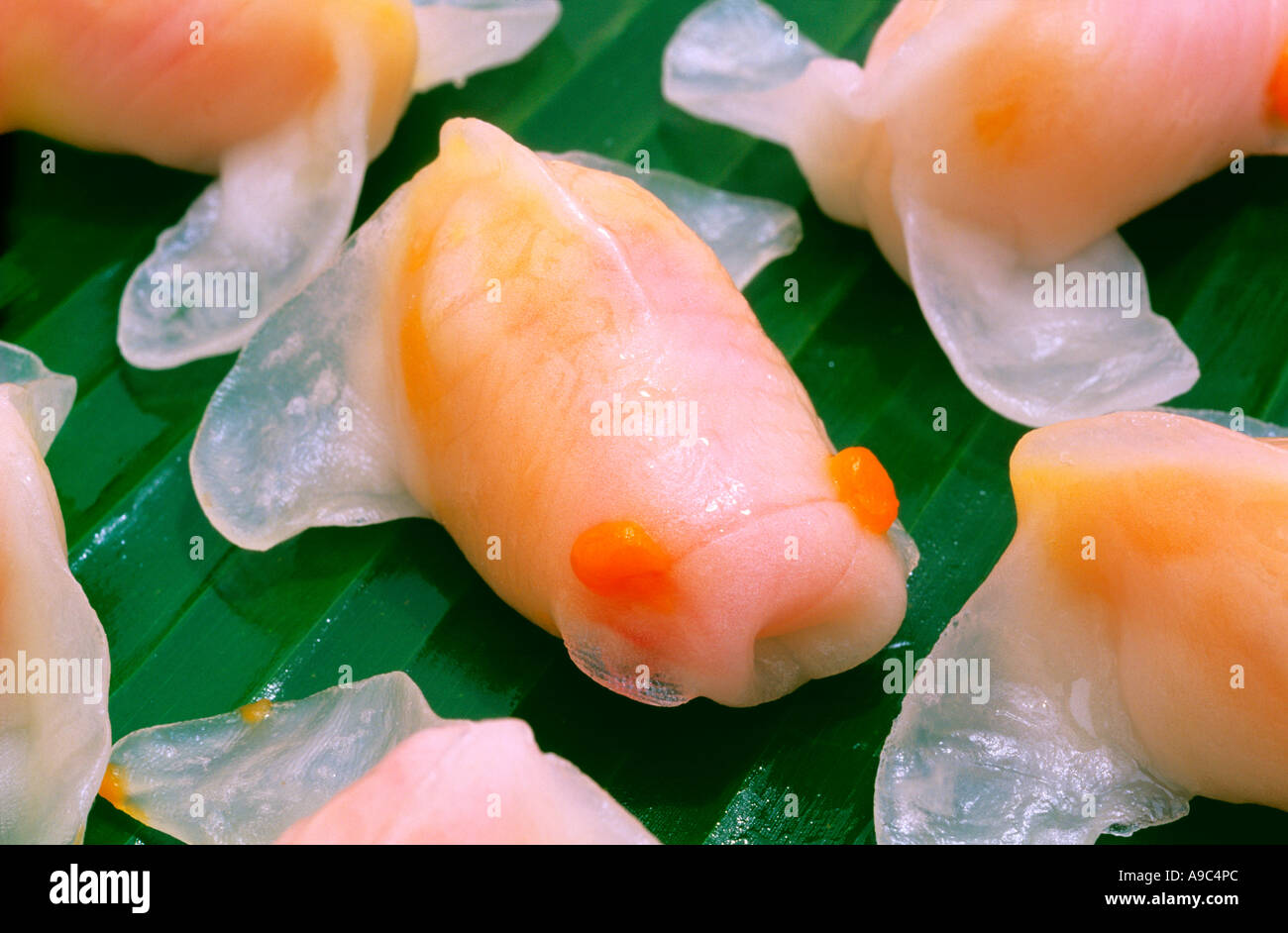 Dimsum Ha gau Jiao Zi in pesce dorato da Hong Kong Cina Foto Stock