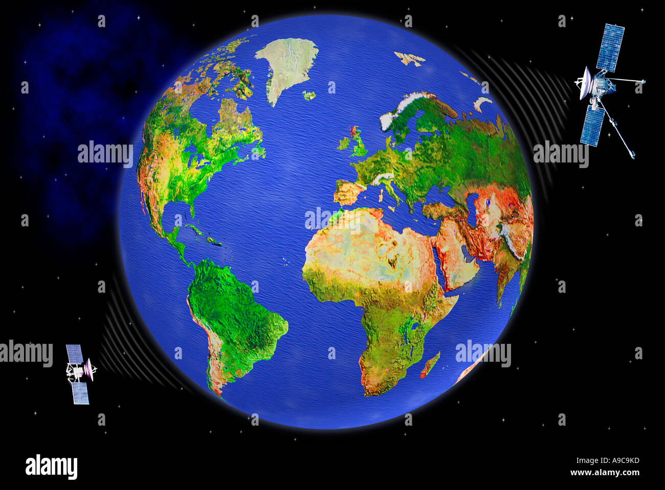 Satelliti sopra Globe Foto Stock