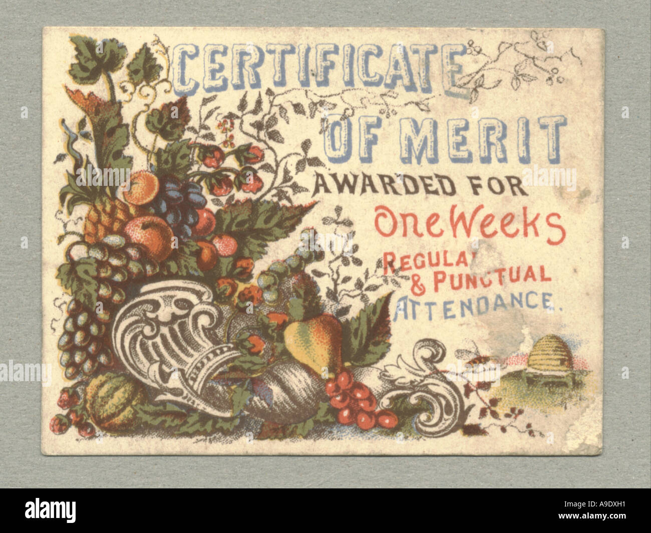 Certificato di Merito assegnati per una settimana e regolare partecipazione puntuale nel 1860 circa Foto Stock