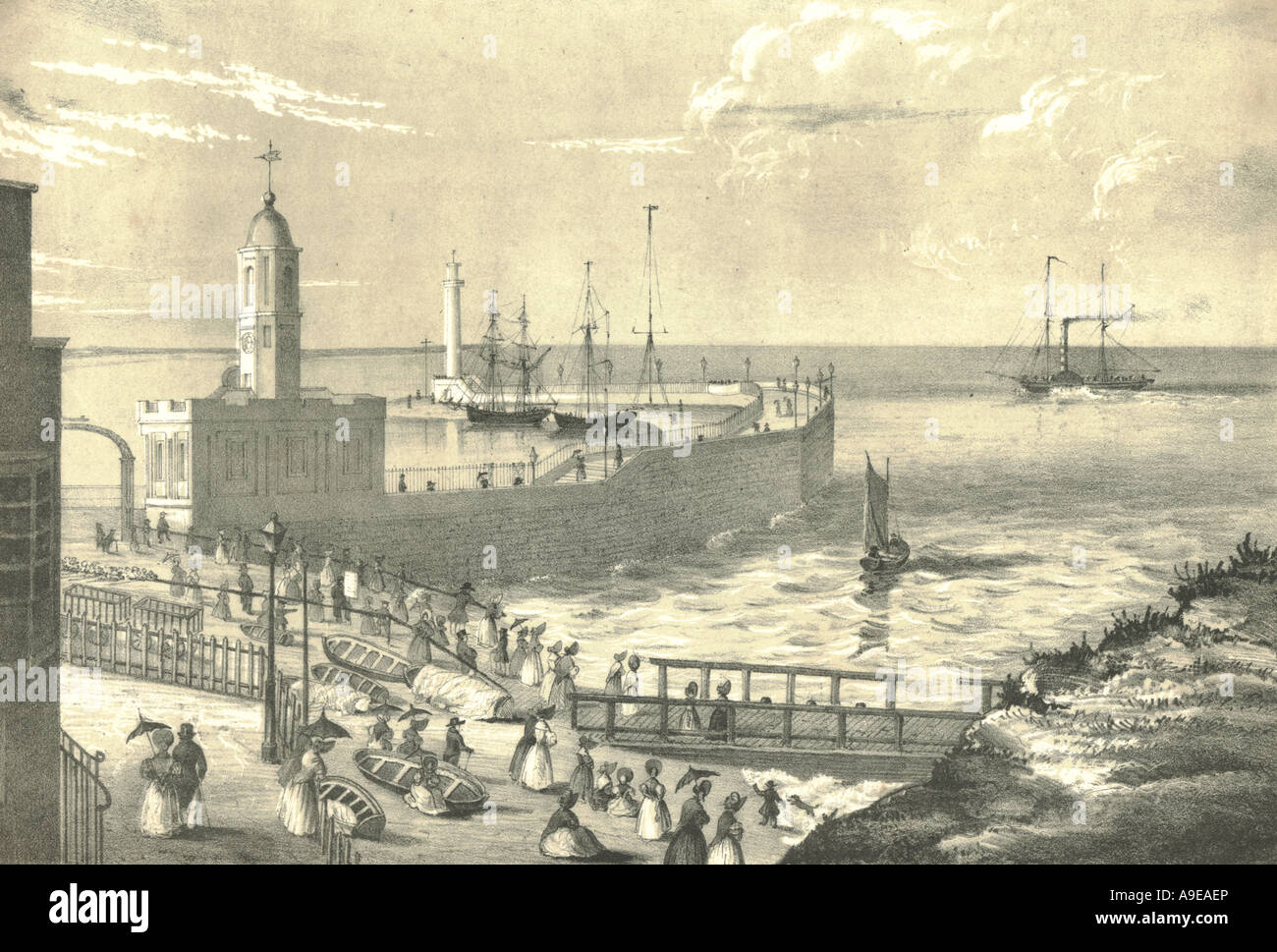 Litografia da Jas Basire di Margate Harbour, Kent, artista Sarah Bearblock nel 1860 circa Foto Stock