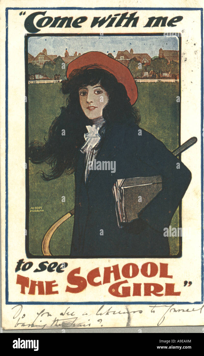 Cartolina pubblicitaria per il gioco la scuola ragazza da poster artist Albert Morrow circa 1903 Foto Stock