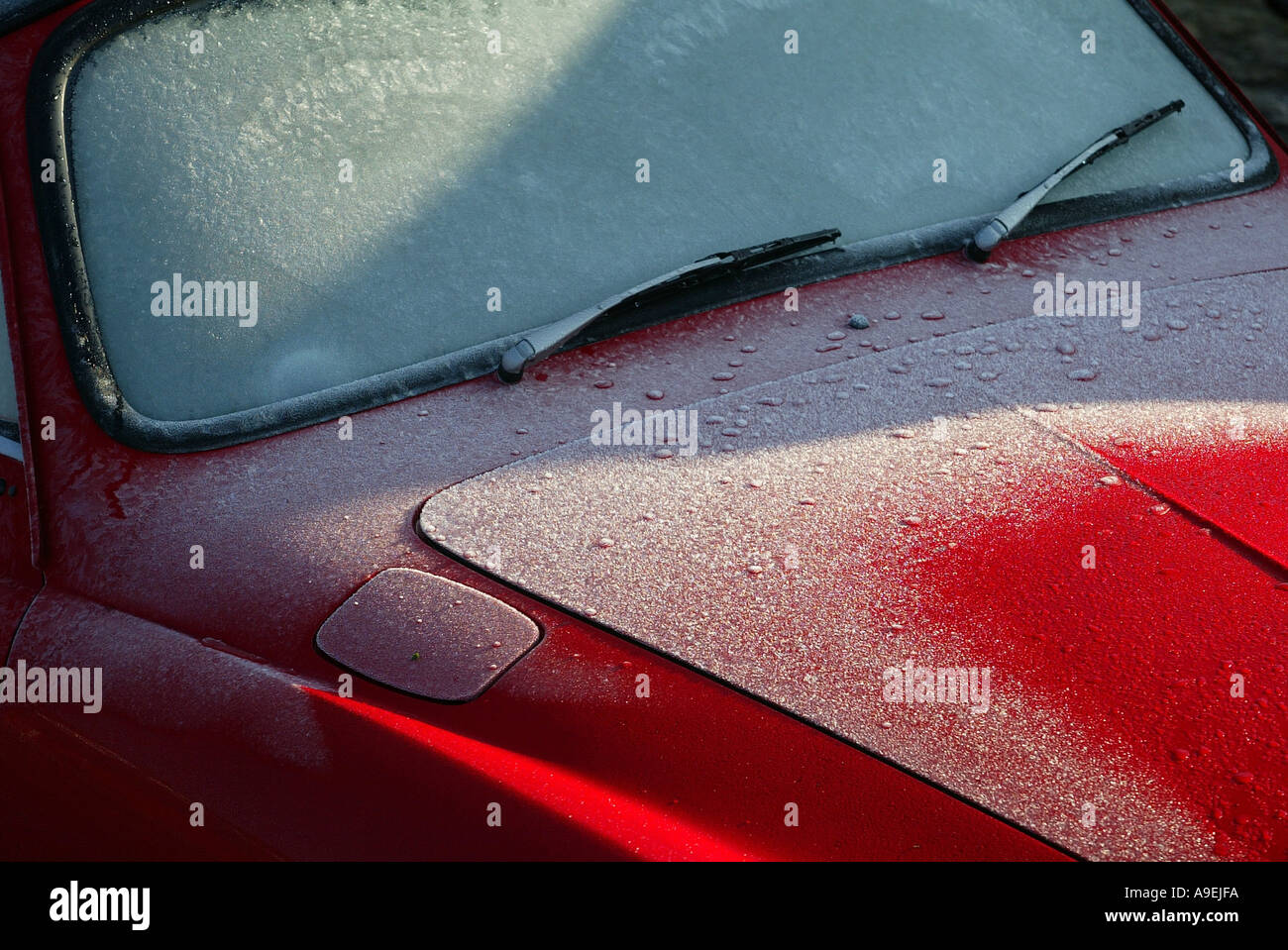 Il calore del sole inizia a sgelare un gelo-auto coperto Foto Stock