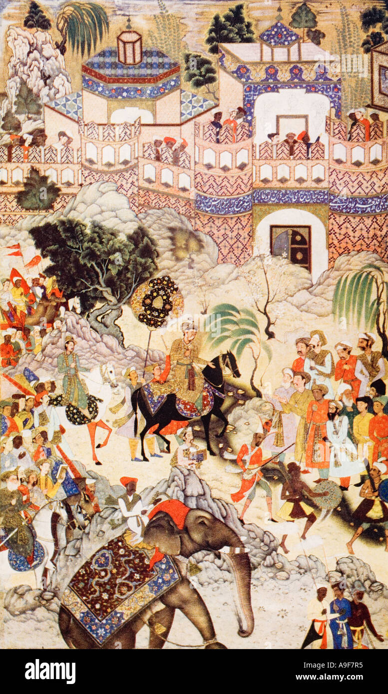 Ingresso di Akbar Khan a Surat, 1572. Abu'l-Fath Jalal-ud-din Muhammad Akbar, aka Akbar il Grande e Akbar i, terzo imperatore Mughal Foto Stock