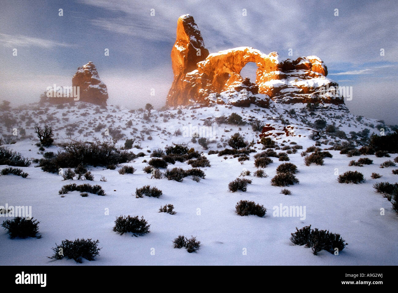 La torretta Arch in inverno, USA Utah, archi NP Foto Stock