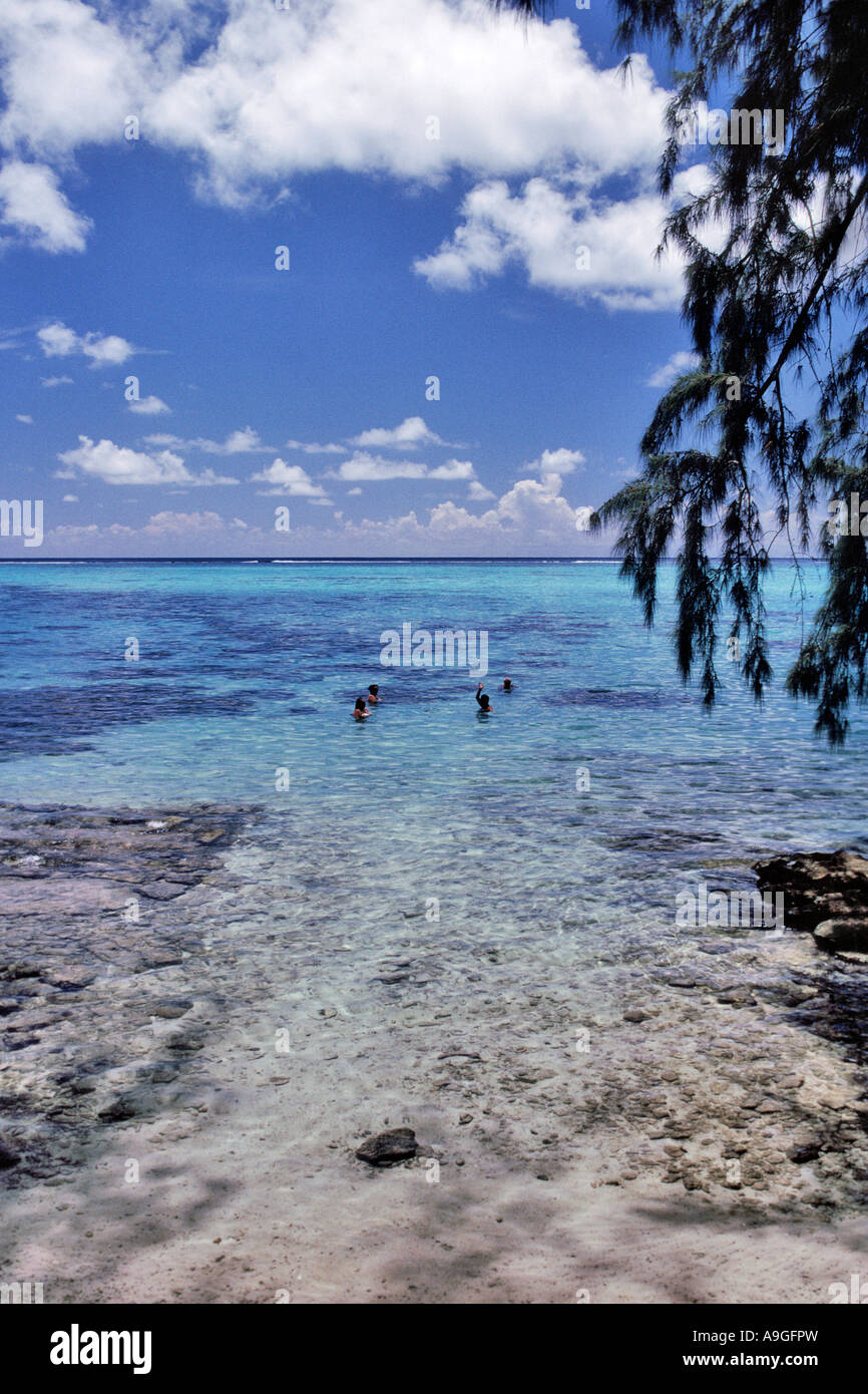 Le persone a nuotare in acque poco profonde lungo la costa di Moorea che è vicino a Tahiti in Polinesia francese. Foto Stock