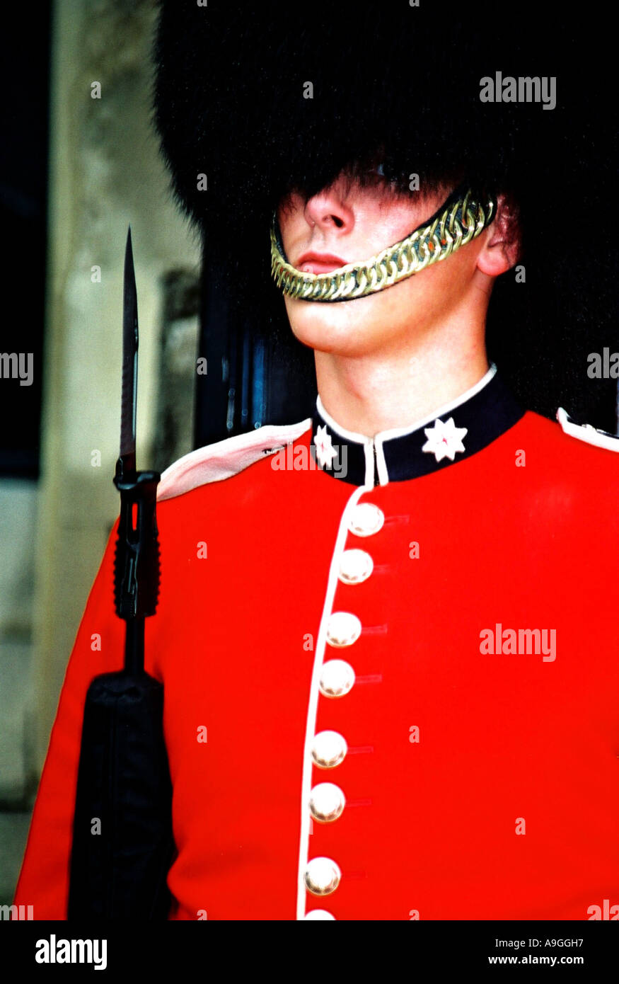 Royal Guard, tenendo la pistola, indossando il famoso orso cappuccio di pelle Foto Stock