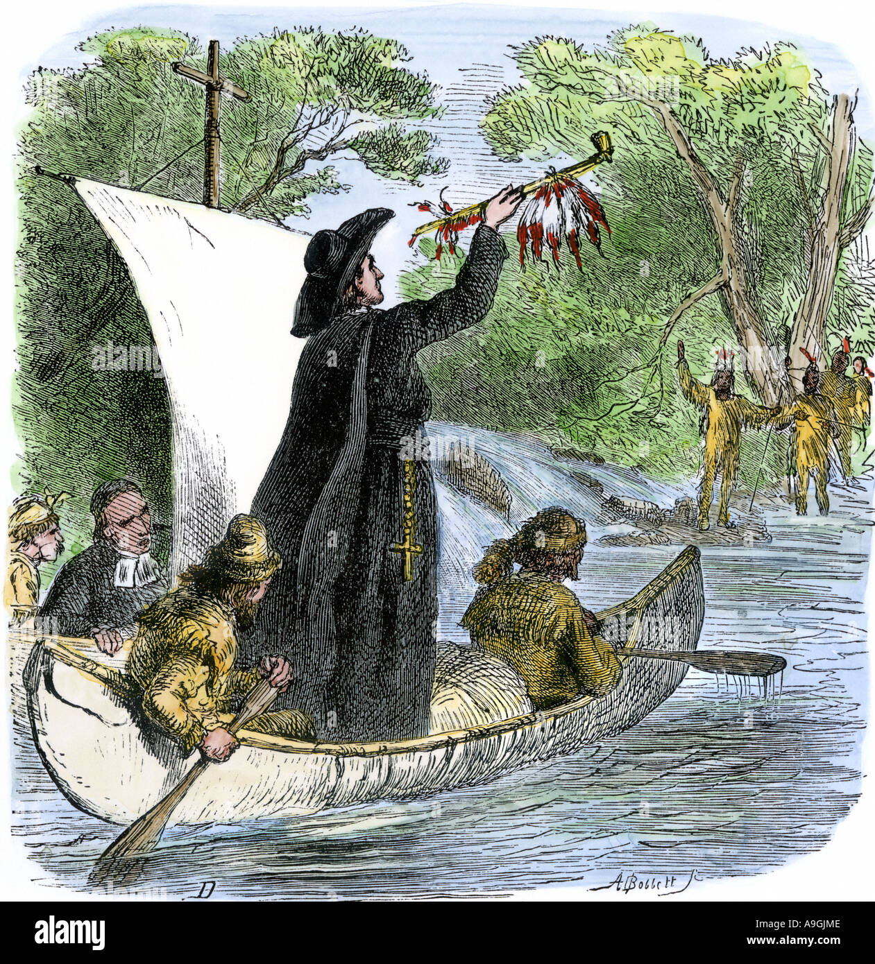 Padre Jacques Marquette tenendo un tubo di pace per salutare i nativi americani durante il viaggio verso la parte superiore del fiume Mississippi. Colorate a mano la xilografia Foto Stock