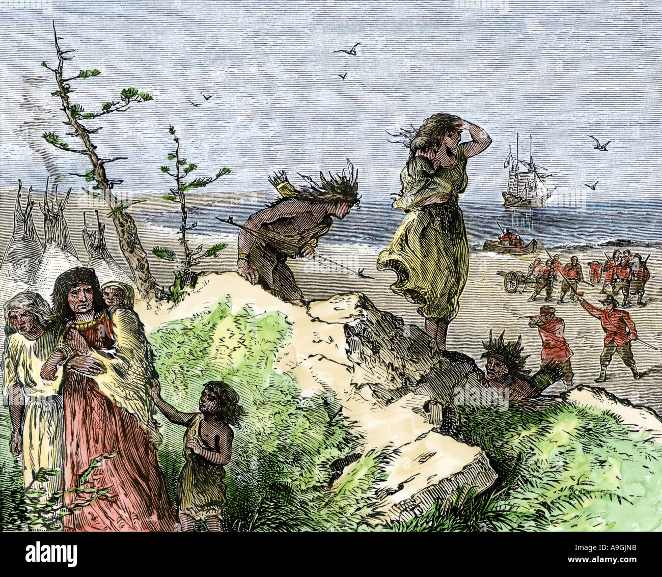 Henry Hudson attacca un villaggio di nativi americani lungo la North American costa. Colorate a mano la xilografia Foto Stock