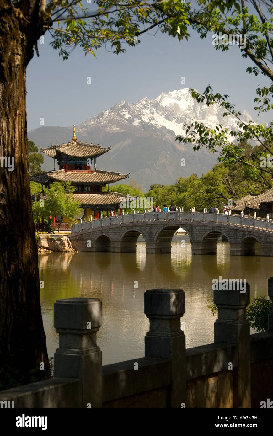 Lijiang's Black Dragon Pool con Luna abbracciando Pavilion e Ponte della cinghia con Jade Dragon Snow Mountain in background Foto Stock