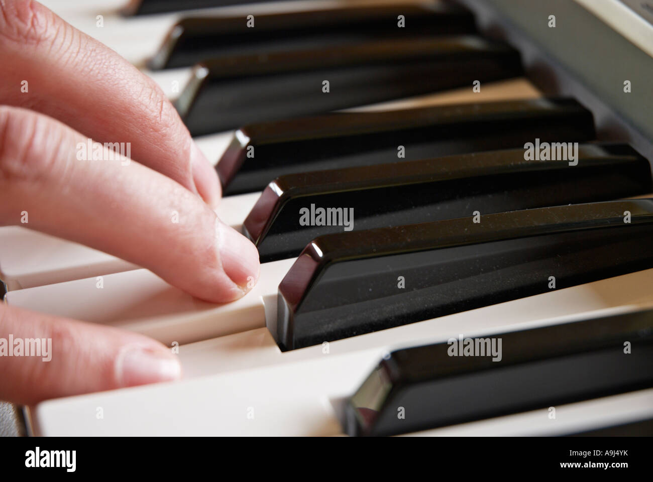 Riproduzione di una tastiera le dita sui tasti di uno strumento a tastiera Foto Stock