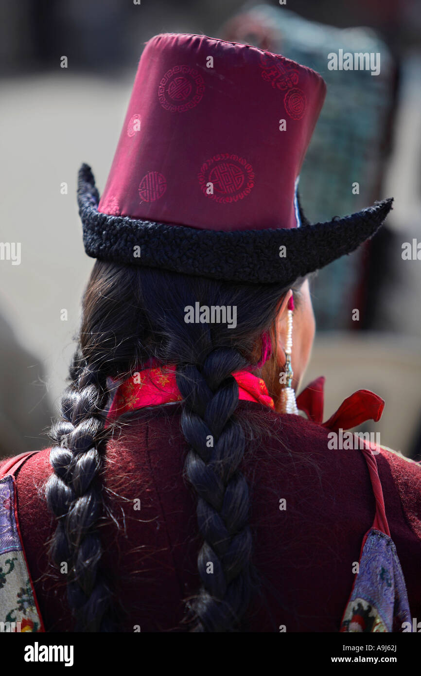 Un tipico ladakhi cap a Leh festival, Leh, Ladakh, Jammu Kashmir India Foto Stock